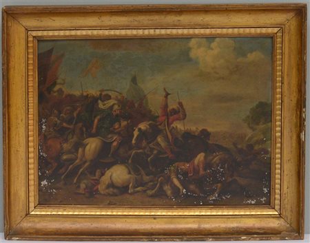 Ignoto "Scena di battaglia" olio su metallo (cm 33x45) in cornice dorata (difet