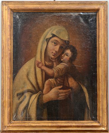 Ignoto "Madonna con Bambino" antico dipinto ad olio su tela (cm 68x53) in corni