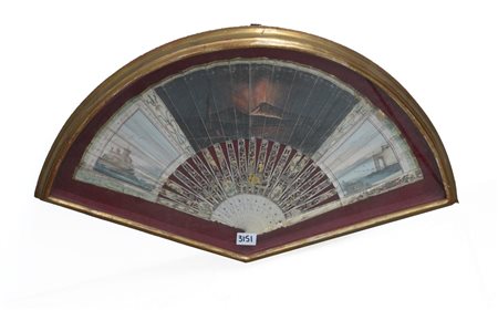 Ventaglio con pagina dipinta a paesaggi e scena con vulcano in eruzione, stecch