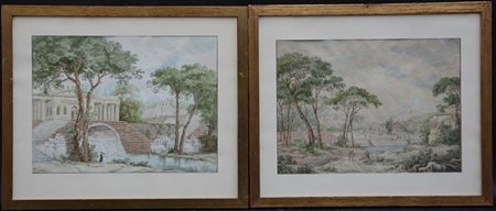 Ignoto "Scena all'aperto con paesaggi e architetture" coppia di tecniche miste