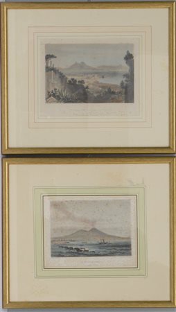 Coppia di litografie inglesi a colori raffiguranti scorci del Golfo di Napoli,
