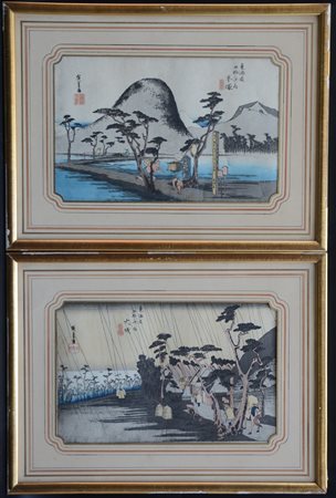 Arte giapponese, "Scena di vita" coppia di xilografie firmati e iscritti (cm 26