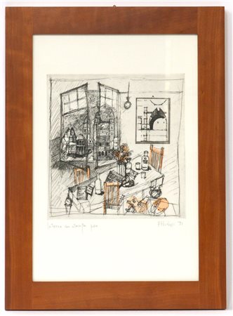 Aldo Rossi "Interno con stampa" 1991
acquaforte - prova d'artista
(lastra cm 29x