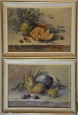 M. Merlo Coppia di nature morte con frutta, olio su cartone (cm 34,5x49) firmati
