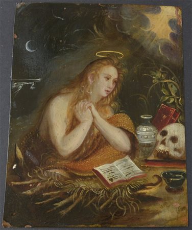 Scuola del secolo XVII "Maddalena penitente" olio su rame (cm 18,5x14) (difetti