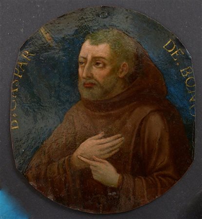 Scuola del secolo XVII "Fra Gaspare de Bono" olio su rame (cm 12,3x10,6) (difet