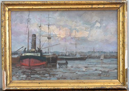 Scuola della fine del XIX Secolo "Porto del Nord" olio su tavola (cm 15,5x23) I