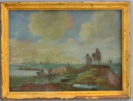 Scuola del secolo XIX "Paesaggio con figure" verre peint (cm 16x22) in cornice