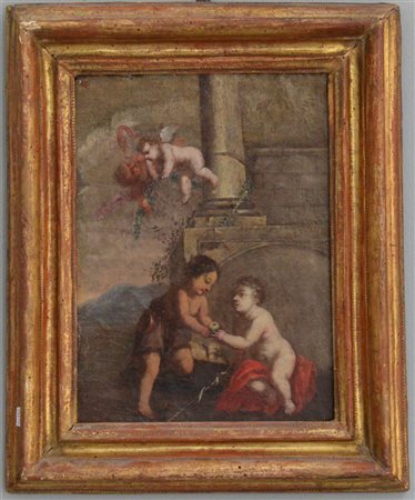 Scuola del secolo XVIII "Putti" olio su tela applicata su tavola (cm 30x22) in