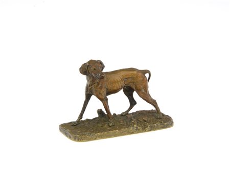 D'Apres Pierre Jules Mene "Braque seul" scultura in bronzo a patina dorata (cm 1