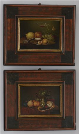 Ignoto "Frutta, farfalla e molluschi" coppia di dipinti ad olio su rame (cm 15x