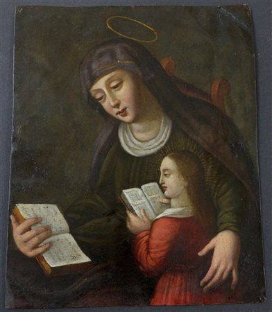 Scuola del secolo XVII "Educazione della Vergine" olio su rame (cm 16,5x13)
Isc