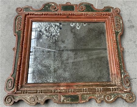 Cartagloria montato a specchio con cornice in legno intagliato e laccato a volu