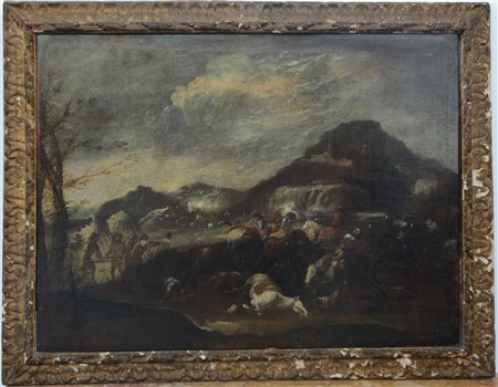 Ignoto "Scena di battaglia" olio su tela (cm 71x96) In cornice dorata (difetti)