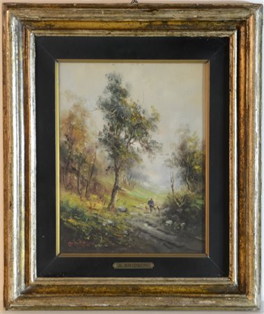 A. Brioschi "Paesaggio", olio su cartone telato (cm 26,5x21) firmato in basso a