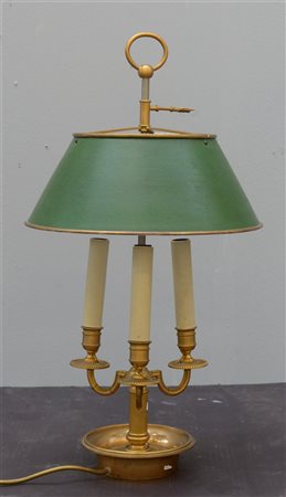 Bouillotte a tre fiamme in bronzo dorato, paralume in metallo laccato regolabil