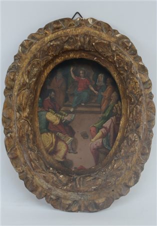 Scuola del secolo XVIII "Gesù tra i Dottori" olio su rame ovale (cm 13x10) in c