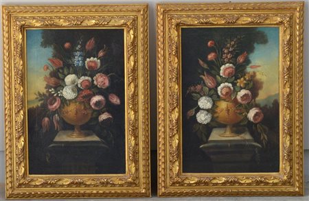 Ignoto "Nature morte di fiori" coppia di dipinti ad olio su tela (cm 56x37) in