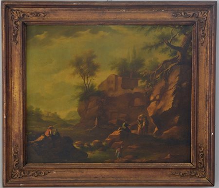 Ignoto "Paesaggio con ruderi e figure" olio su tela (cm 76x90) in cornice (dife