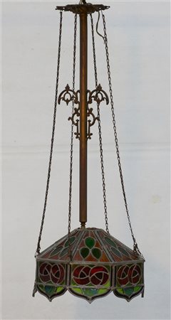 Lampada a sospensione ad una luce con fusto in bronzo e paralume ottagonale a v