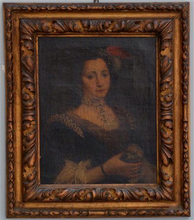Scuola della fine del secolo XVII "Ritratto di gentildonna con cagnolino" olio