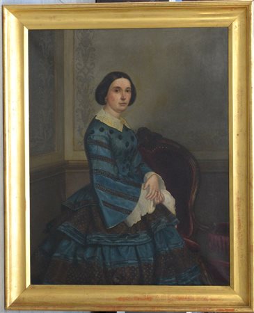 Ignoto del XIX Secolo "Ritratto di gentildonna in un interno" olio su tela (cm