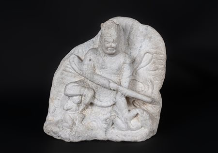Arte Cinese  A white marble fragment decorated with a Lokapala in relief China, Tang dynasty (?) .