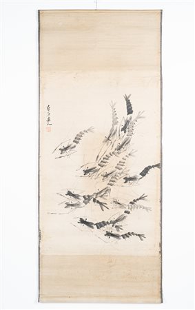 Arte Cinese  Scroll depicting twelve shrimps signed Qi Baishi Watercolour on paper .