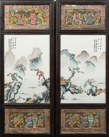 Arte Cinese  A pair of porcelain plaques painted with landscape and inscriptionsChina, Qing dynasty, 19th century .