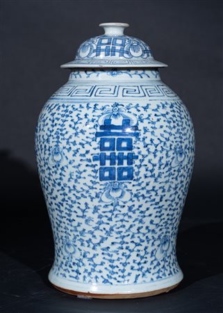 Arte Cinese  A blu and white porcelain potiche painted with sprays and ideograms China, early 20th century.