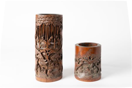 Arte Cinese  Two bamboo carved brush pots (bitong)China, Qing dynasty, 19th century .