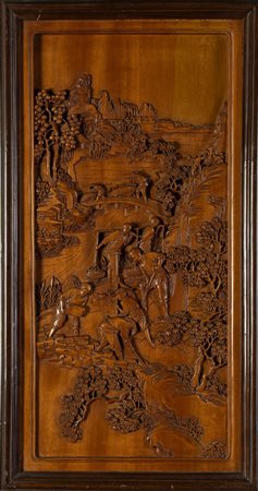Arte Cinese  A wooden plaque carved with characters at work in landscape  China, Republic Period .