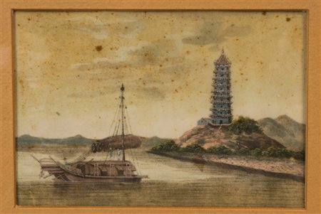 Arte Cinese  A pair of oil on canvas paintings depicting Chinese landscapesChina, Qing dynasty, 19th century.