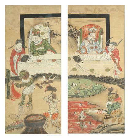 Arte Cinese  A pair of paintings depicting the Daoist hellChina, Qing dynasty, 19th century Ink and colours on paper .