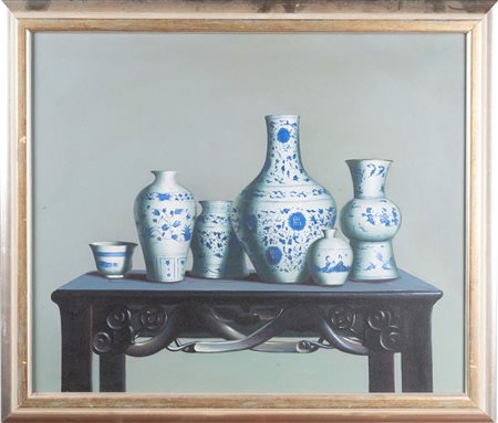 Arte Cinese  A painting depicting Chinese porcelain vases on a table China, 20th century Oil on canvas .