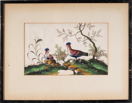 Arte Cinese  A set of five paintings on pith paper depicting various birds among flowering shrubsChina, 19th century.