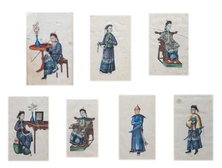 Arte Cinese  A set of seven Canton paintings on silk depicting characters China, Qing dynasty, 19th century .