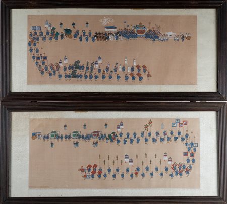 Arte Sud-Est Asiatico  A pair of paintings on silk depicting royal parades Korea, 19th century .