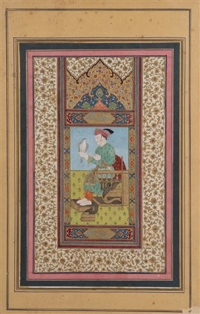 Arte Islamica  Miniature painting with falconer emperor Mughal India, 19th century and possibly earlier border Pigments and gold on paper .