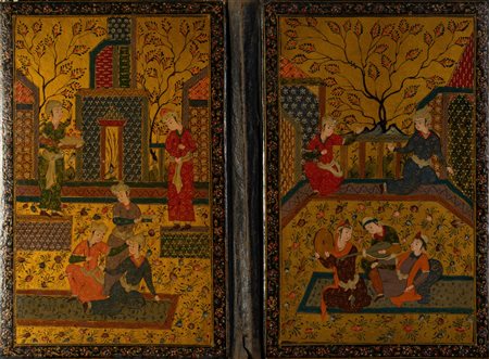 Arte Islamica  A Qajar lacquered papier maché book cover depicting courtly scenesIran, late 19th century .