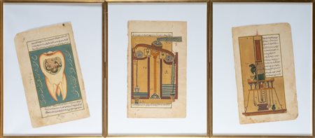 Arte Islamica  A group of three modern paintings in the style of Al-Jazari automata and scientific subject Iran, 20th century .