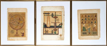 Arte Islamica  A group of three modern paintings in the style of Al-Jazari automata and the MaqamatIran, 20th century .