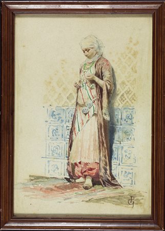 Arte Islamica  An orientalist painting depicting a woman and signed PG.