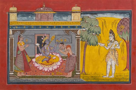 Arte Indiana  A painting depicting Shiva and Vishnu with worshippers Northern India, Pahari, 19th century .