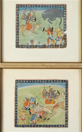 Arte Indiana  Three miniature paitings depicting scenes from the Devi Mahatmya India, Pahari, mid 19th century .