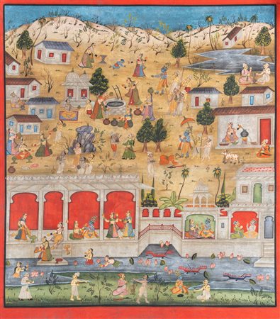 Arte Indiana  A large miniature painting depicting episodes of the life of Lord Krishna Northern India, 19th century .