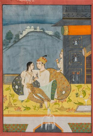 Arte Indiana  A loving couple in the garden at night India, Rajasthan or Deccan, 19th century .