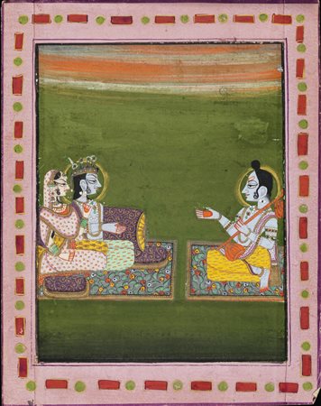 Arte Indiana  A miniature painting in the Kishengarh style depicting a couple before a yogiNorthern India, Rajasthan, 20th century  Pigments and gold on paper .