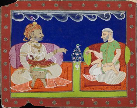 Arte Indiana  A miniature painting depicting Raja and sadu India, 20th century .