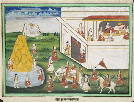 Arte Indiana  A pair of paintings within green frame depicting jaina worshipIndia, 19th century .